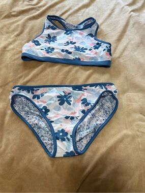 New Eddie Bauer Girls' Blue Floral Reversible Two-Piece Swim Set 14/16
